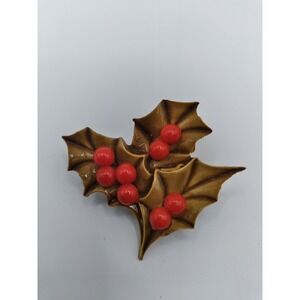 Vintage Amber Brown Celluloid ? Holly Leave With Red Berries Pin Brooch